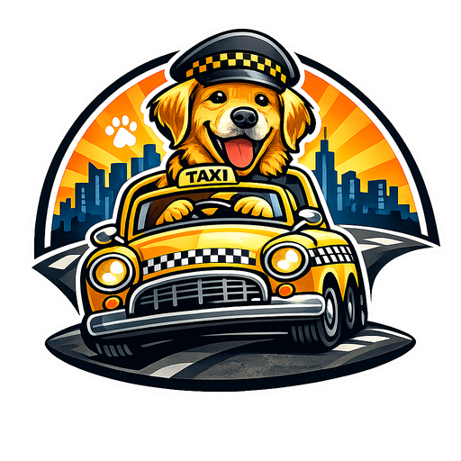 Canine Cab mascot — golden retriever driving a yellow taxi