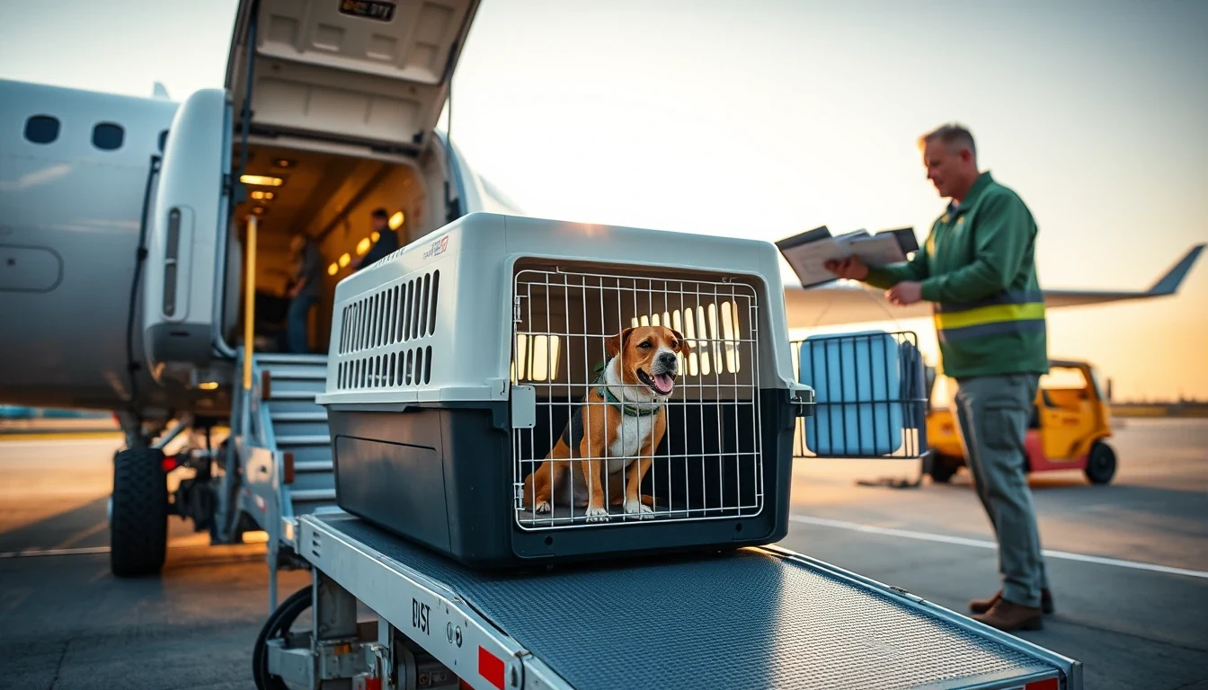 IATA-compliant pet cargo crate being loaded onto aircraft ground loader at sunrise