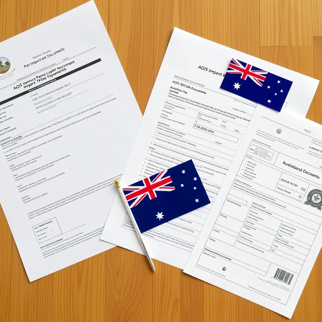 Flat lay of Australian pet import documents, AQIS BICON paperwork, rabies titer