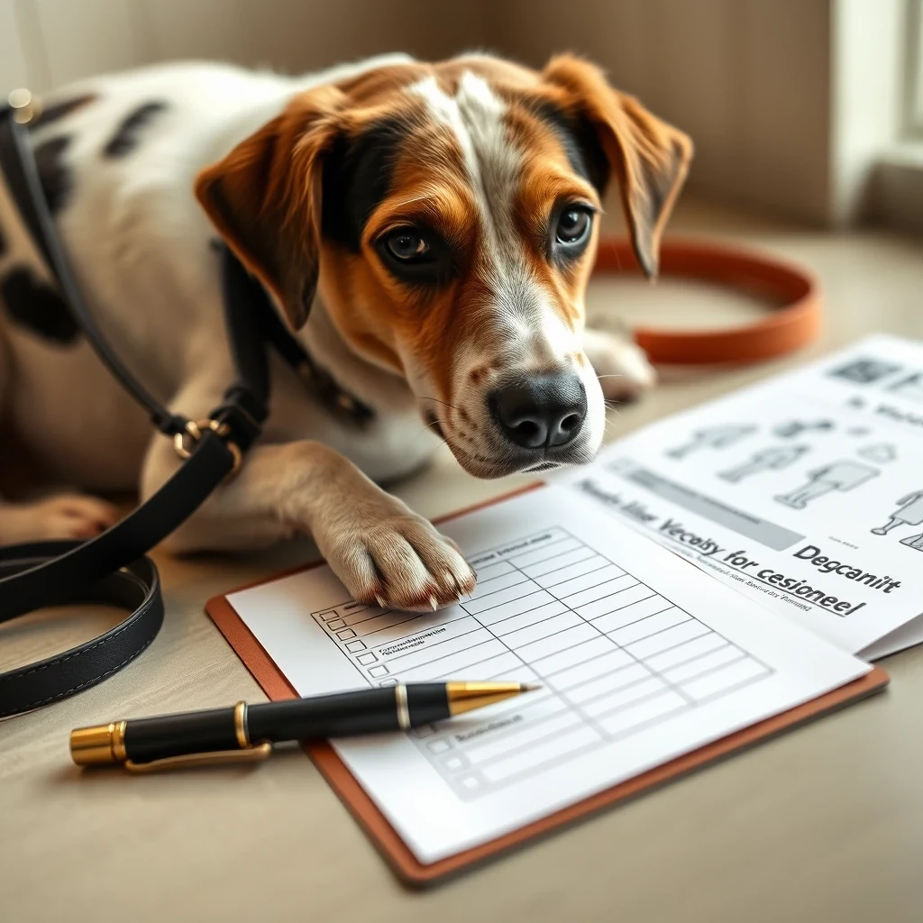 Editorial flat lay of dog boarding vetting checklist with pen, dog leash, vaccination records