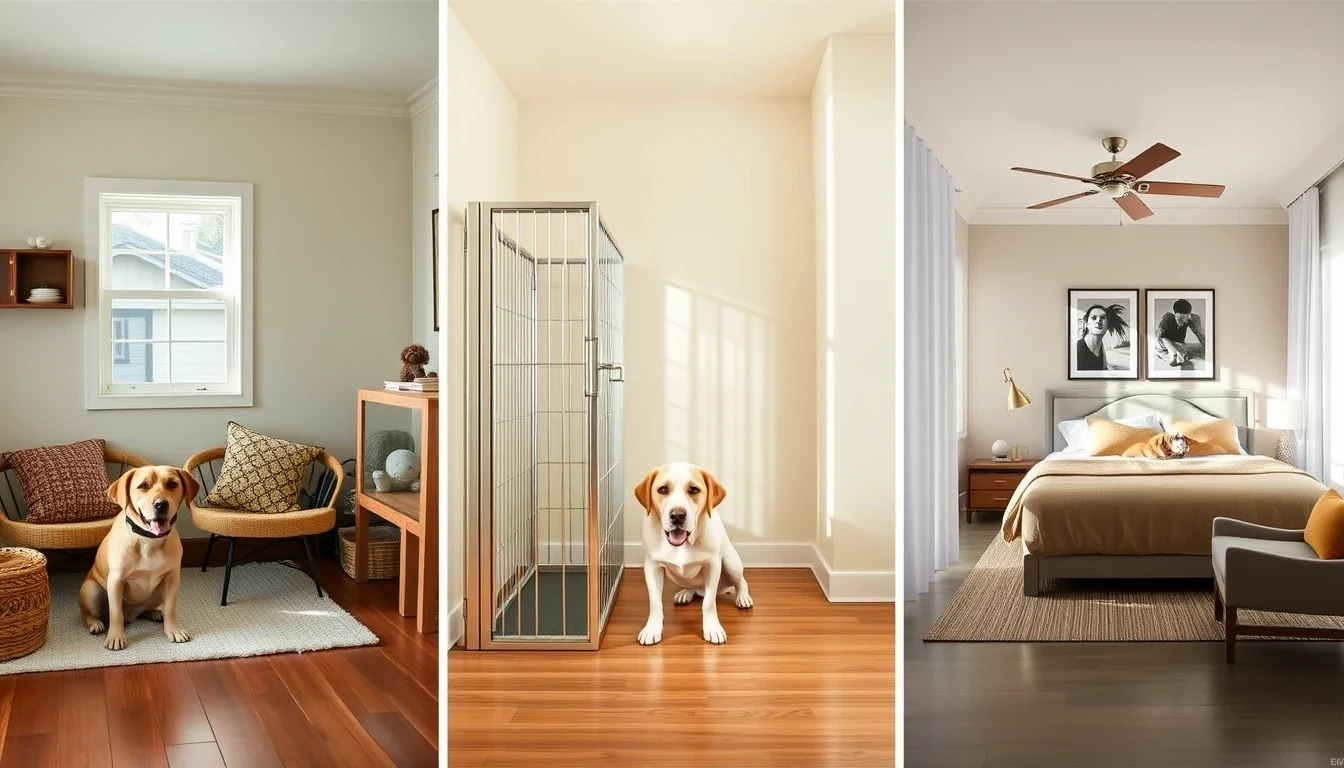 Three side-by-side photos of dog boarding tiers - in-home cozy, modern kennel, luxury suite