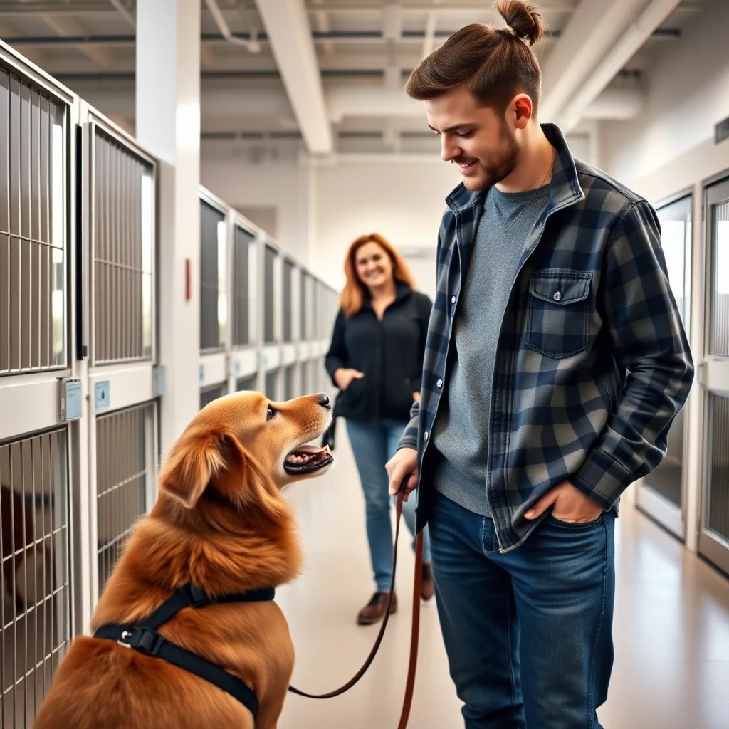 Pet owner touring a clean modern dog boarding facility with handler showing kennel suites