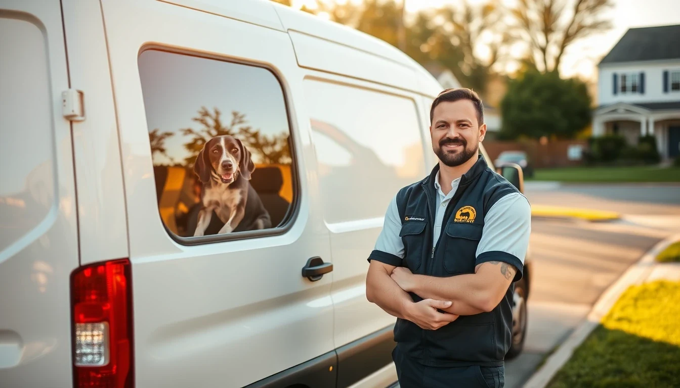 Professional pet transport driver in branded polo next to clean white van with happy dog