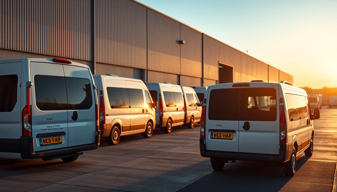 Lineup of pet transport vans at a clean industrial yard