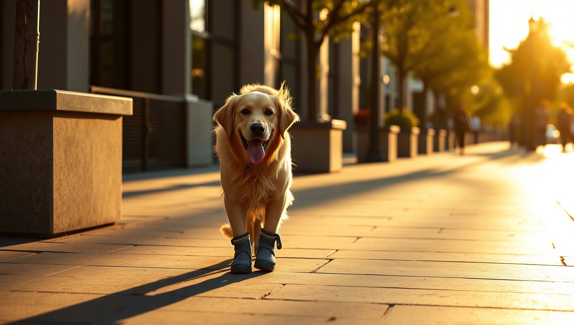 Golden retriever wearing dog shoes for hot pavement walking on a sunny sidewalk