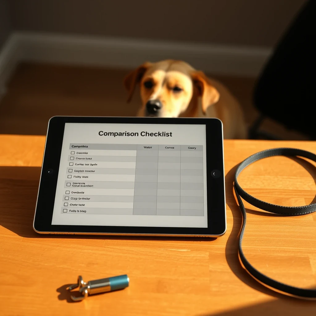 Comparison checklist on tablet with dog and leash visible on warm wooden desk