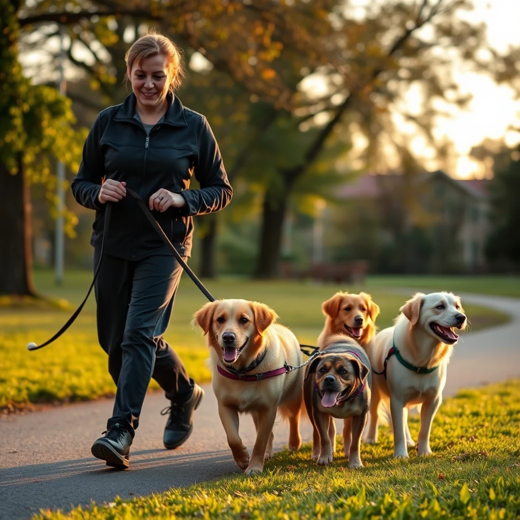 Professional dog walker leading group of well-behaved dogs through park, golden hour