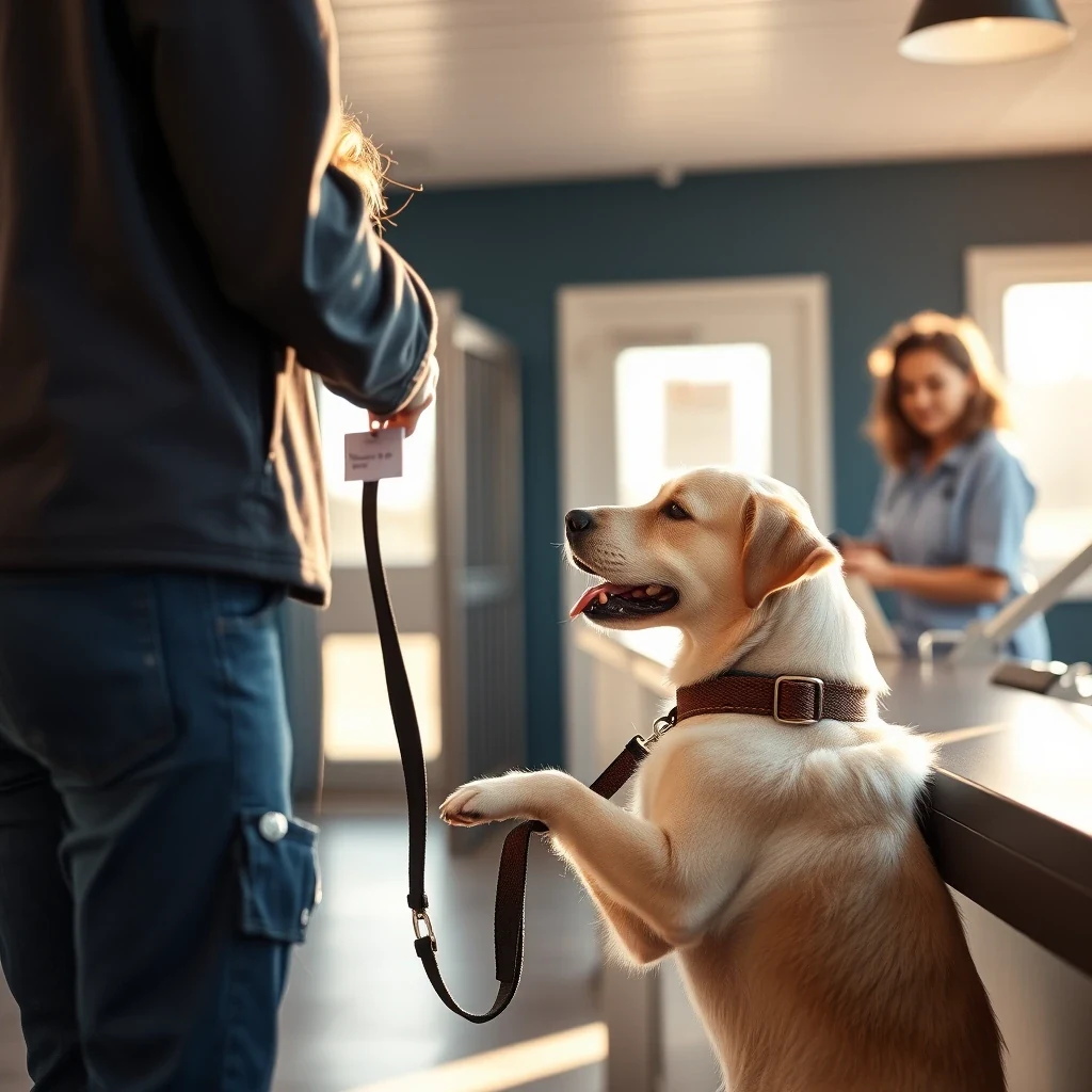 Pet owner handing leash to handler at dog boarding facility check-in counter, warm afternoon light