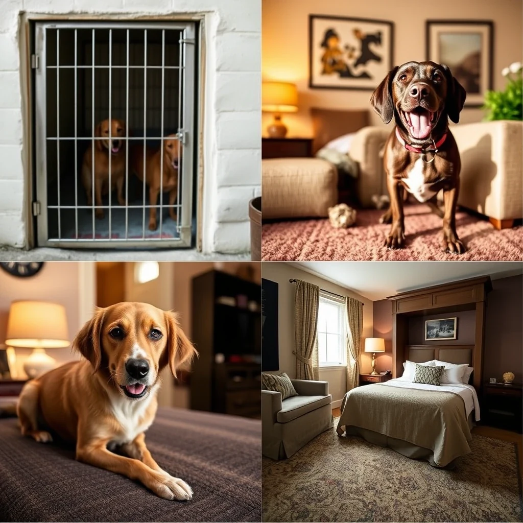 Comparison of three dog boarding facility types - kennel, in-home, and luxury suite - editorial photo collage