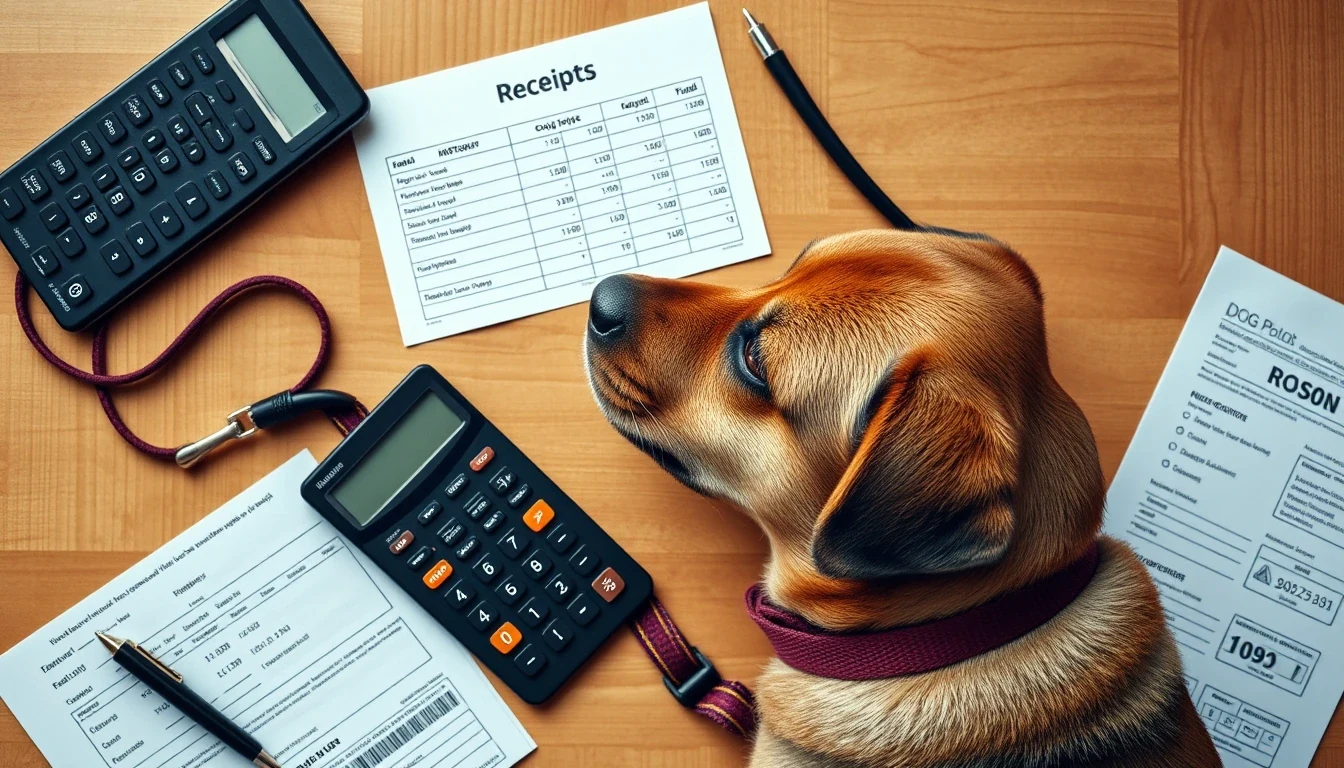 Editorial flat lay of dog boarding cost breakdown, receipts and calculator with a dog leash on warm wooden desk