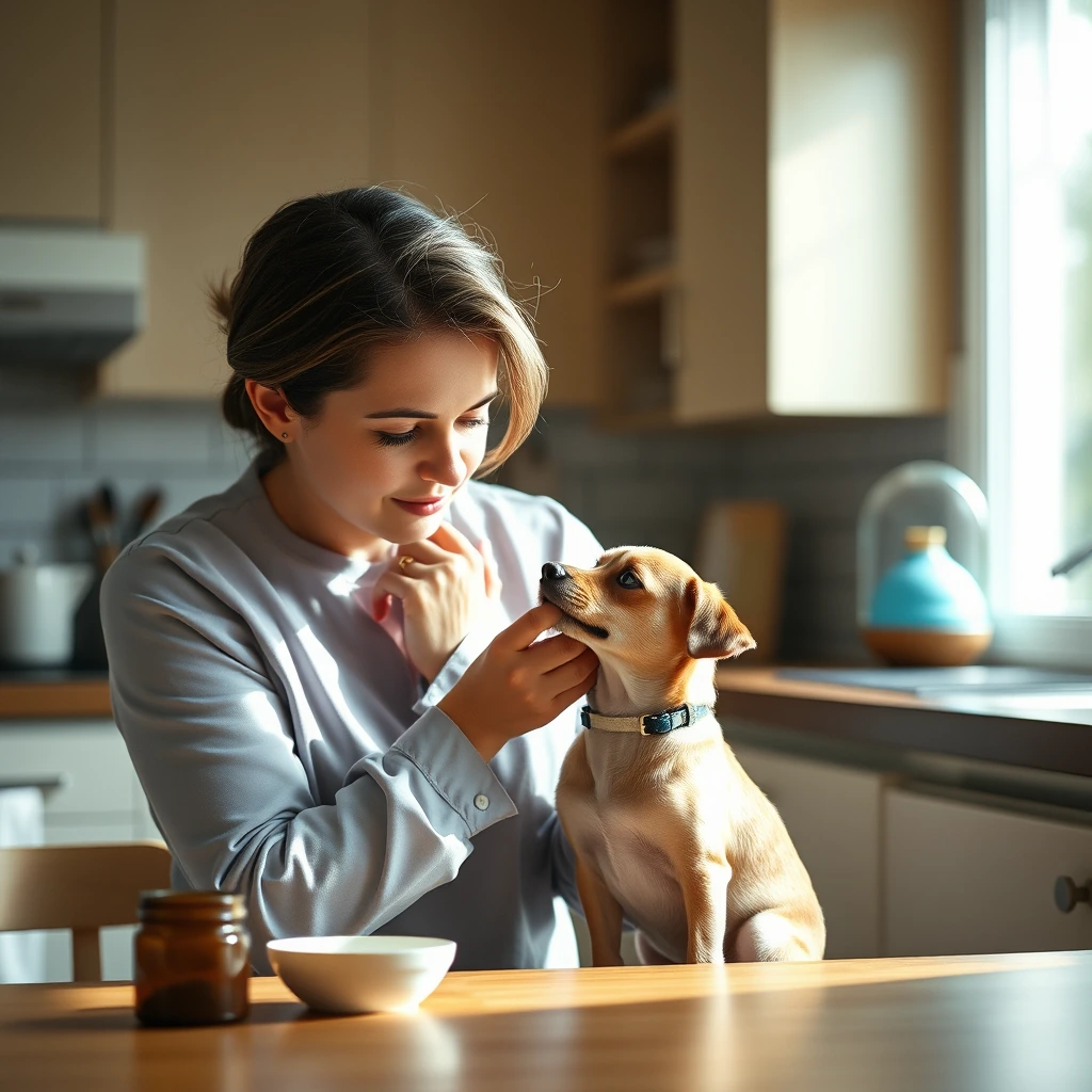 A pet sitter gently giving a small dog a pill while petting them in a sunlit kitchen