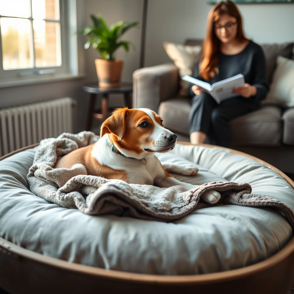 Relaxed dog lying on its own bed at home while a pet sitter sits nearby