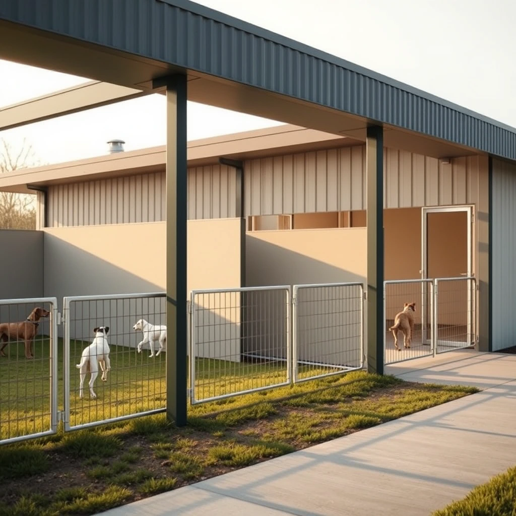 Exterior of a tidy dog kennel with individual outdoor runs separated by solid walls