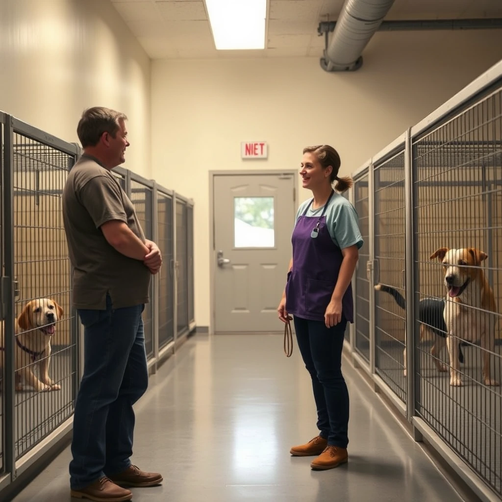 An owner being shown around a tidy clean dog boarding facility by a friendly staff member