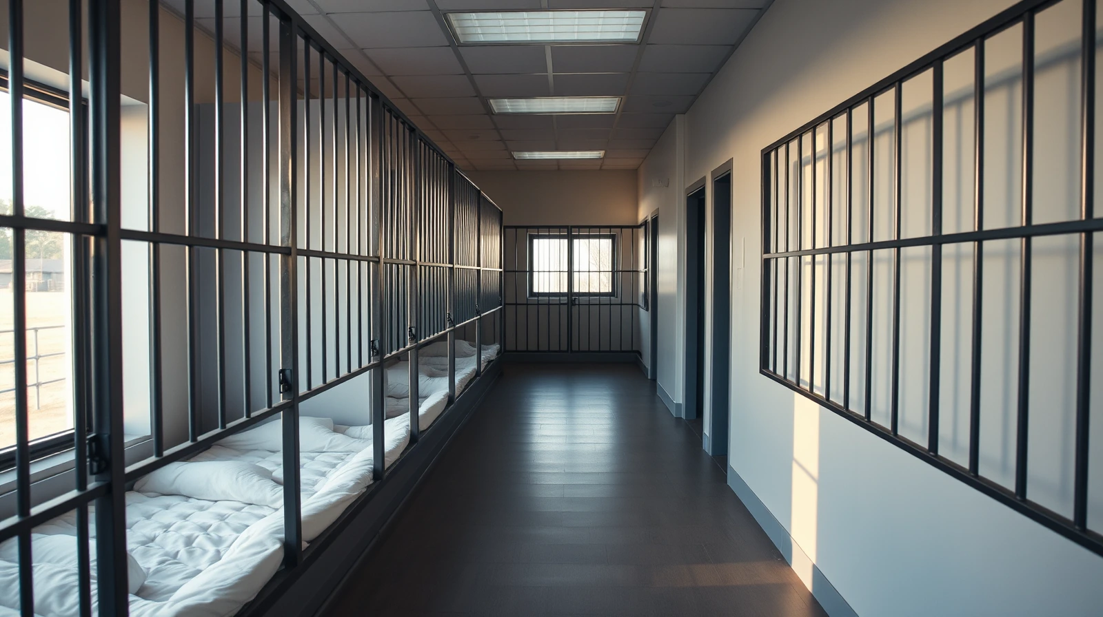 An empty clean modern boarding kennel run with solid walls and soft bedding