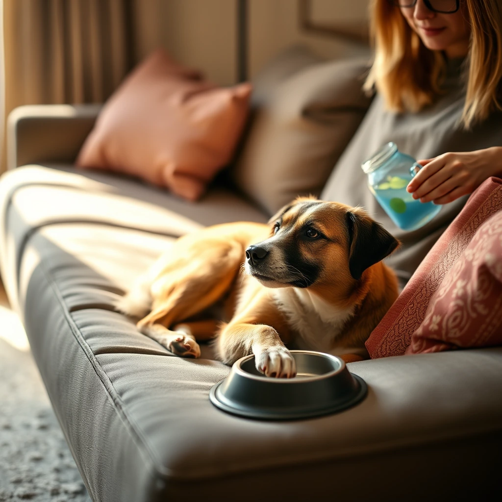Relaxed dog on its couch at home while a pet sitter refills the water bowl