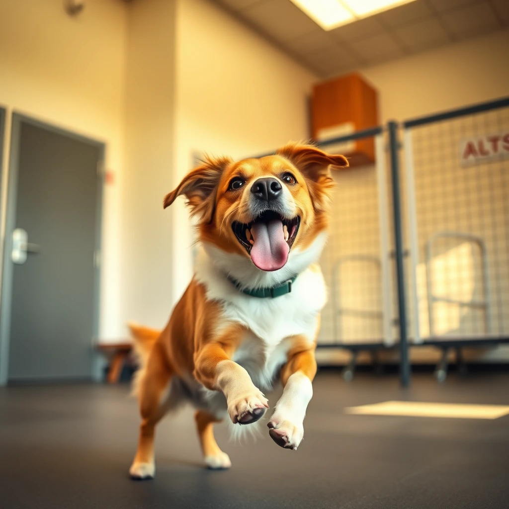Happy dog playing in a clean indoor boarding facility play area
