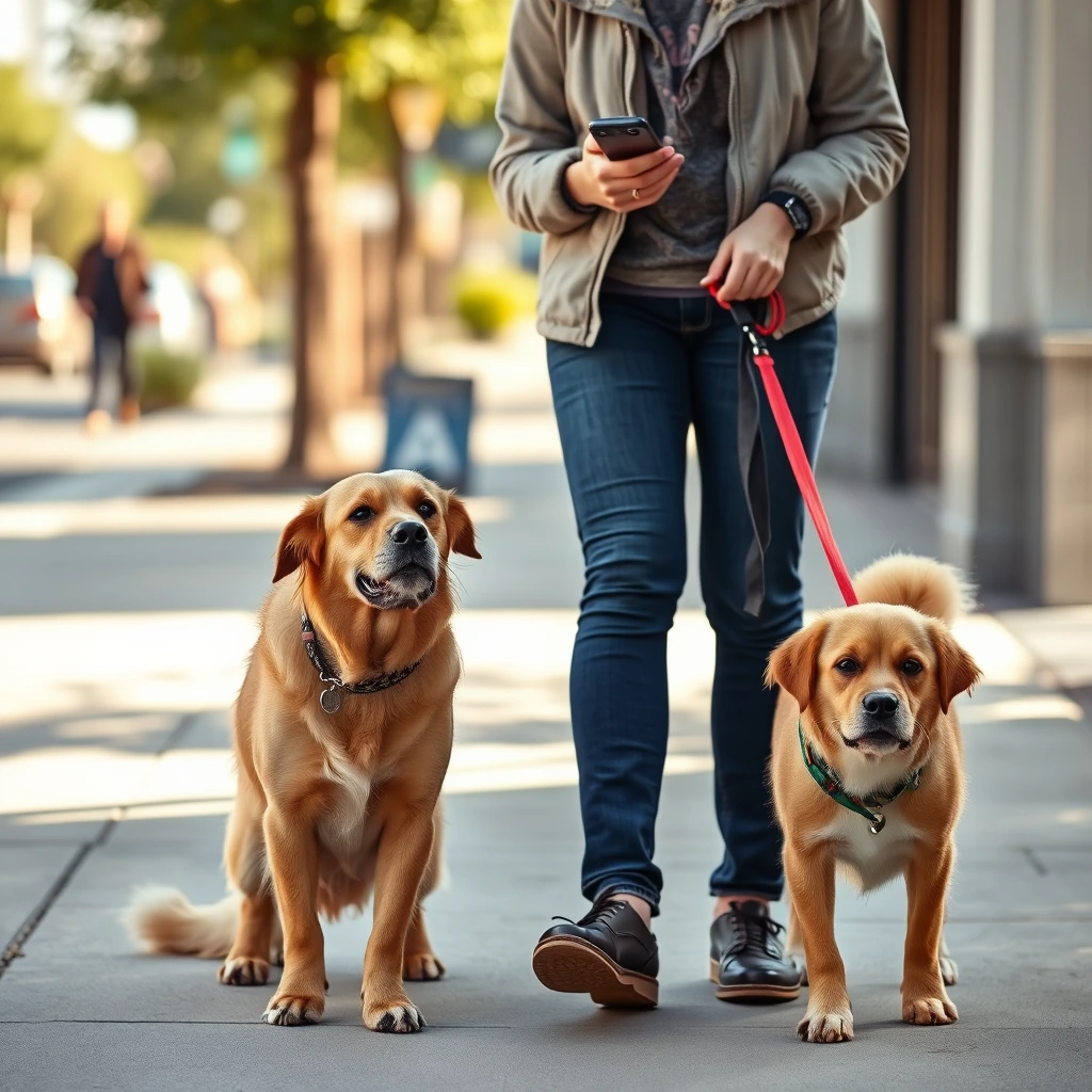 Dog walker checking a scheduling app while holding the leashes of two dogs