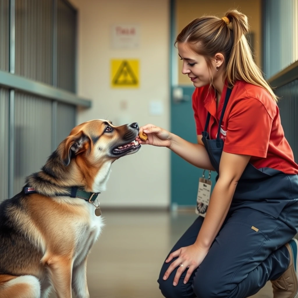 A kennel staff member kneeling patiently and hand feeding a hesitant dog