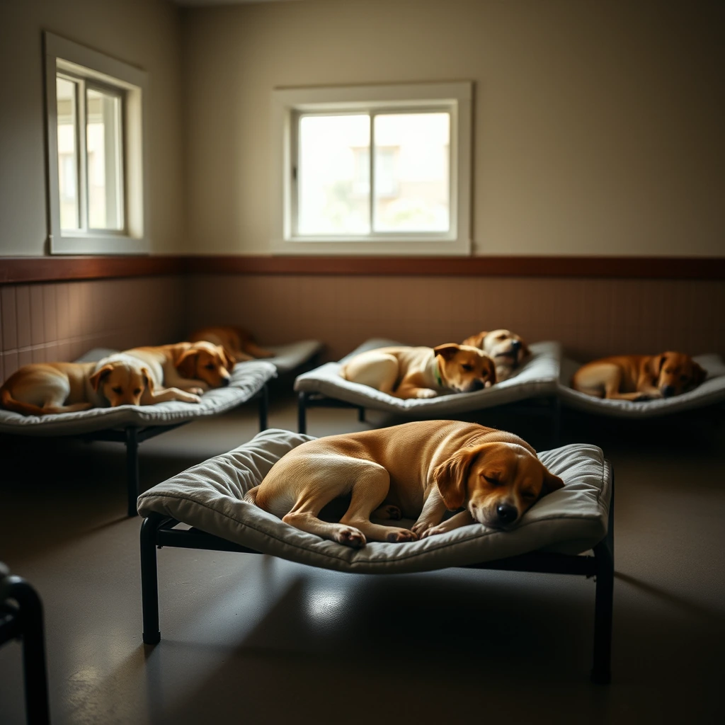 Group of dogs napping calmly on raised cots in a quiet dimmed daycare room