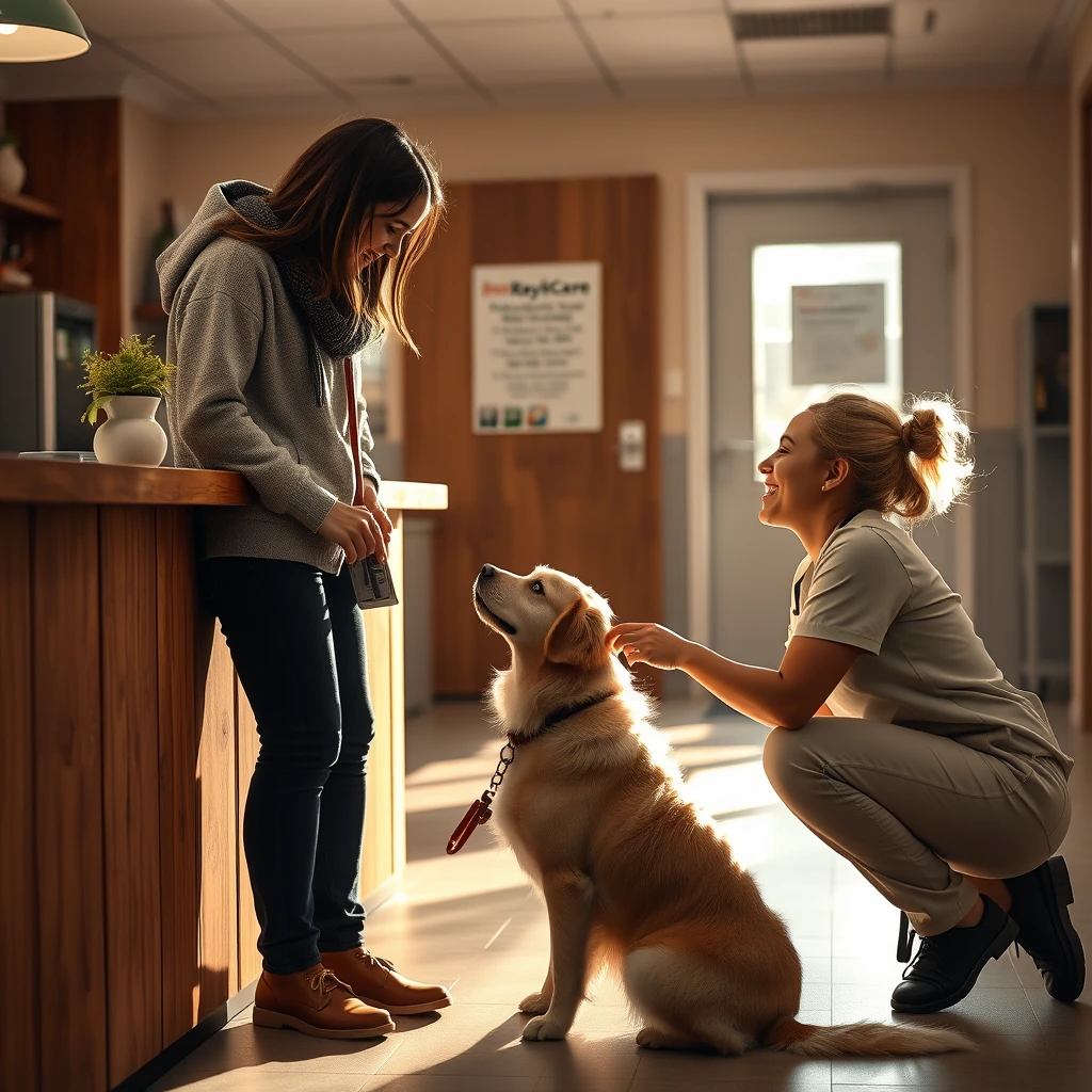 An owner saying a quick goodbye to her dog at a daycare reception desk while a staff member kneels to greet the dog