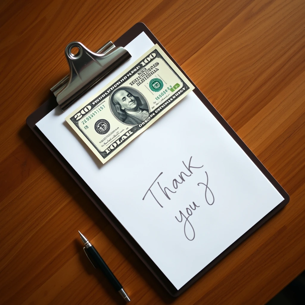 A folded twenty dollar bill and handwritten thank-you note on a wooden front desk next to a clipboard, top down