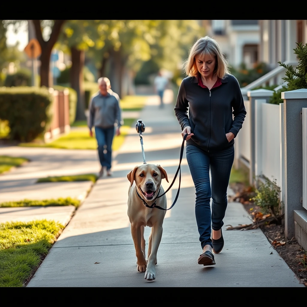 A pet sitter walking calmly down a residential sidewalk holding the leash of a relaxed labrador
