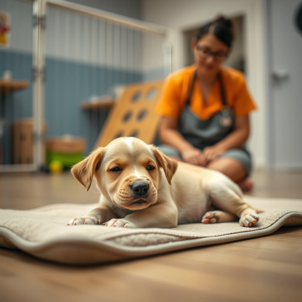Puppy resting on a soft mat in a calm daycare play area with a staff member nearby