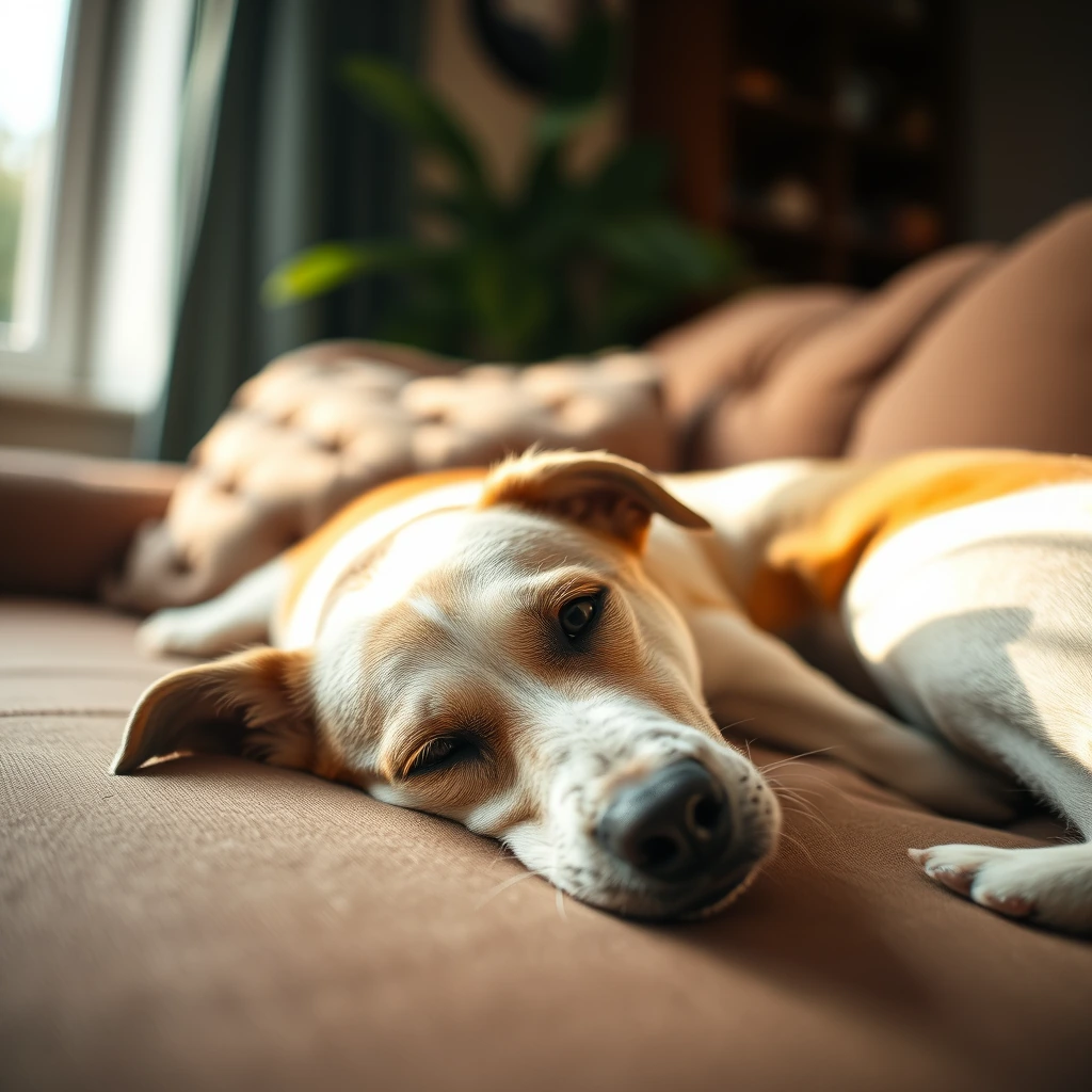 Content tired dog resting at home on a couch after a day at daycare