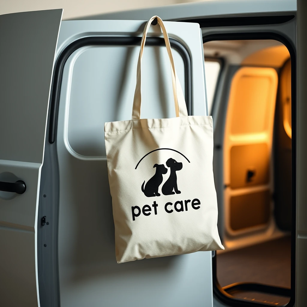 Pet care business logo mockup on a tote bag and a small van door