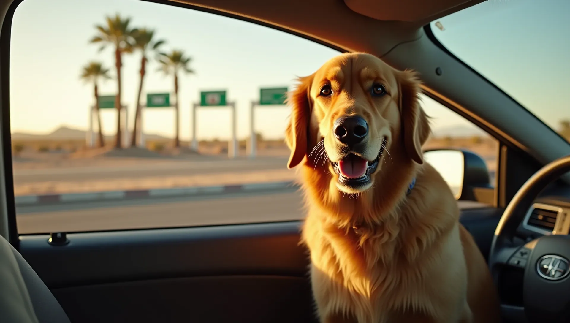 Happy golden retriever at a US-Mexico border crossing on a sunny day