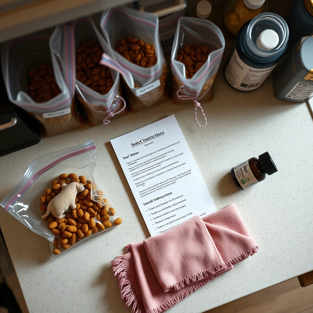 An organized kitchen counter with pre-portioned dog food in labelled bags, feeding instructions, a scent blanket and medications