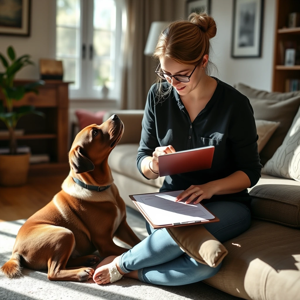 Professional pet sitter writing notes on a clipboard while petting a labrador in a home setting