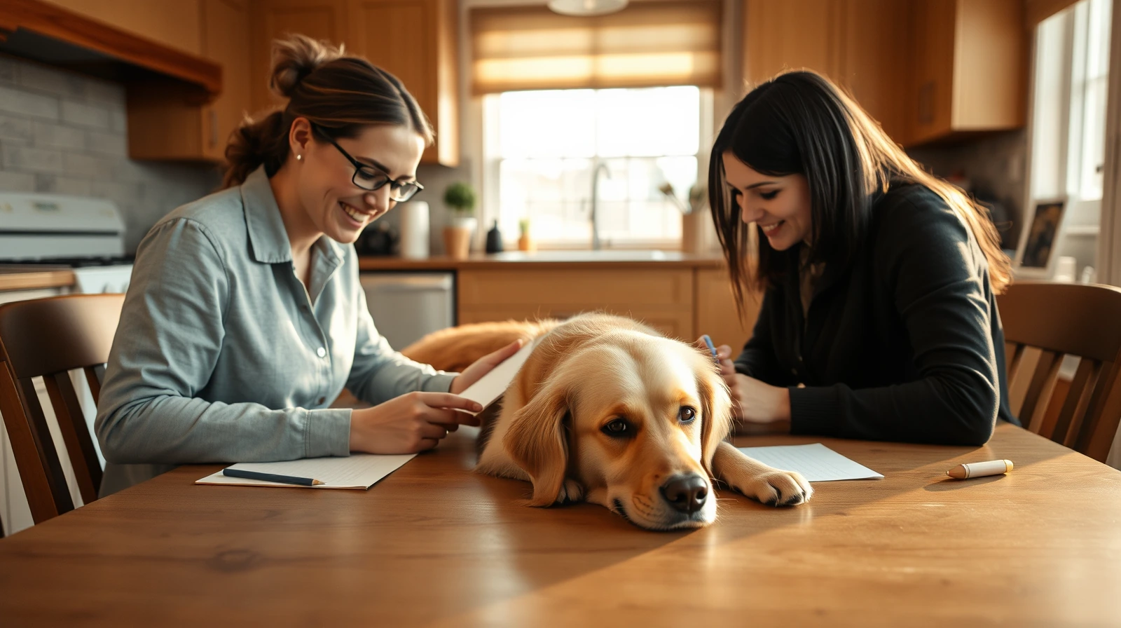 Friendly pet sitter and a dog owner reviewing notes at a kitchen table while a calm golden retriever sits between them