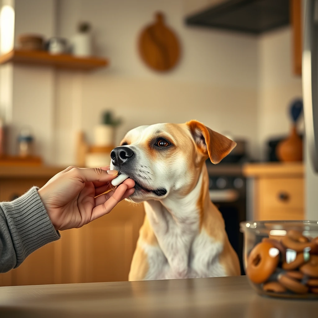 Person gently giving a senior dog a pill hidden in a treat at home