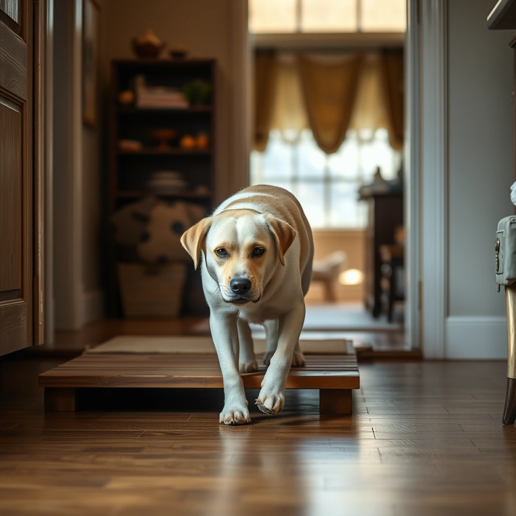 Older dog walking slowly up a low ramp into a cozy room