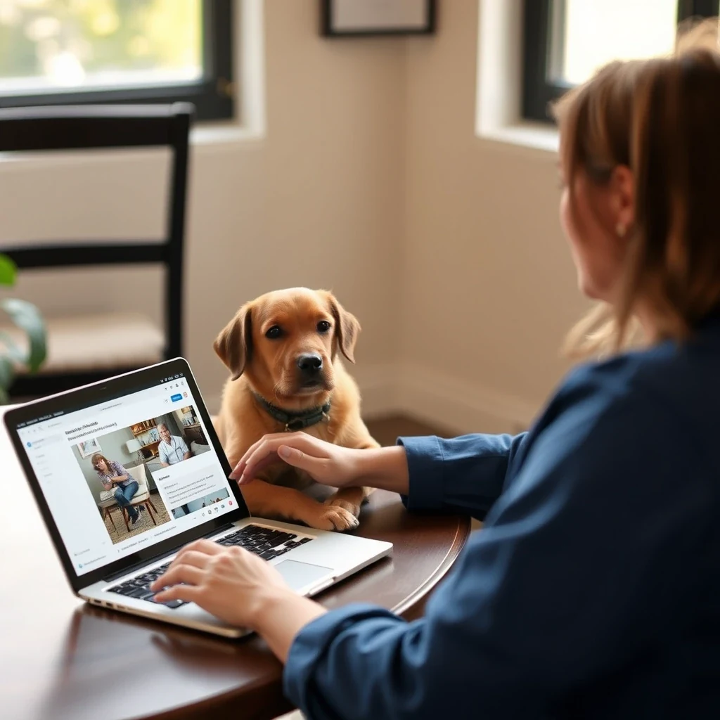 Pet care professional reviewing client profile from Care.com on laptop