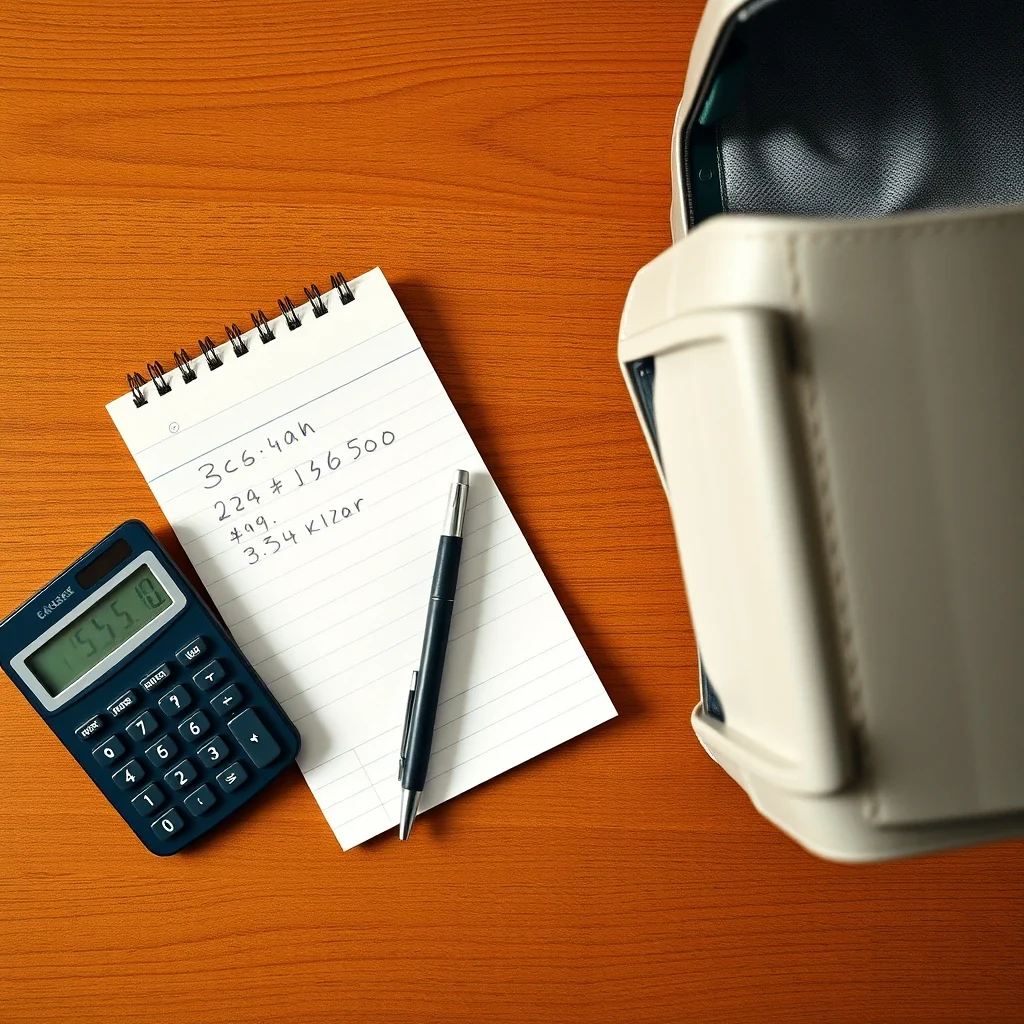 Wallet, calculator, and pet carrier on a wooden desk