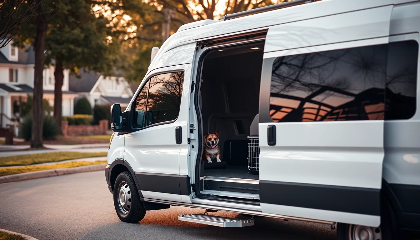 Pet transport van loading on a residential street at golden hour