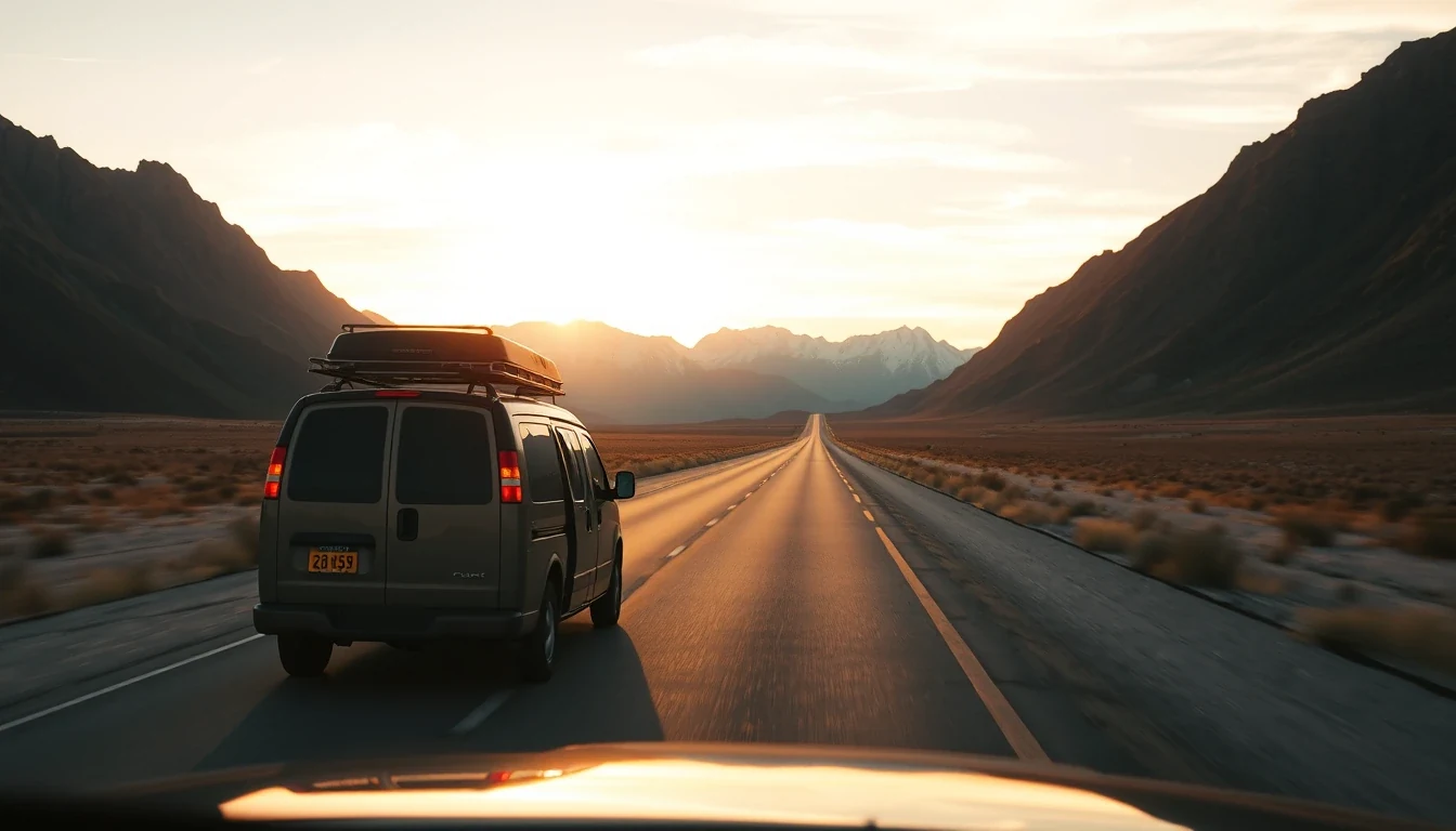 Pet transport van driving on long open American highway with mountains in distance, golden hour