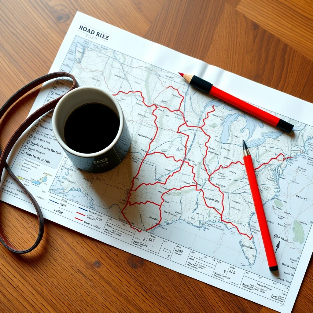 Editorial flat lay of US road atlas with highlighted route, coffee mug, leash