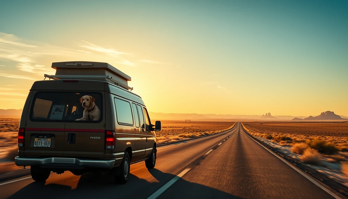 Pet transport van crossing wide American landscape with mesas and long highway at sunrise