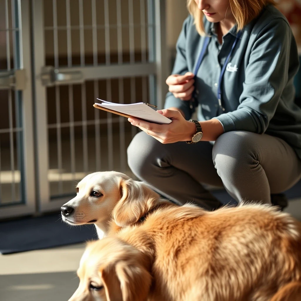 Doggy daycare handler with clipboard reviewing intake paperwork with calm dog at her feet