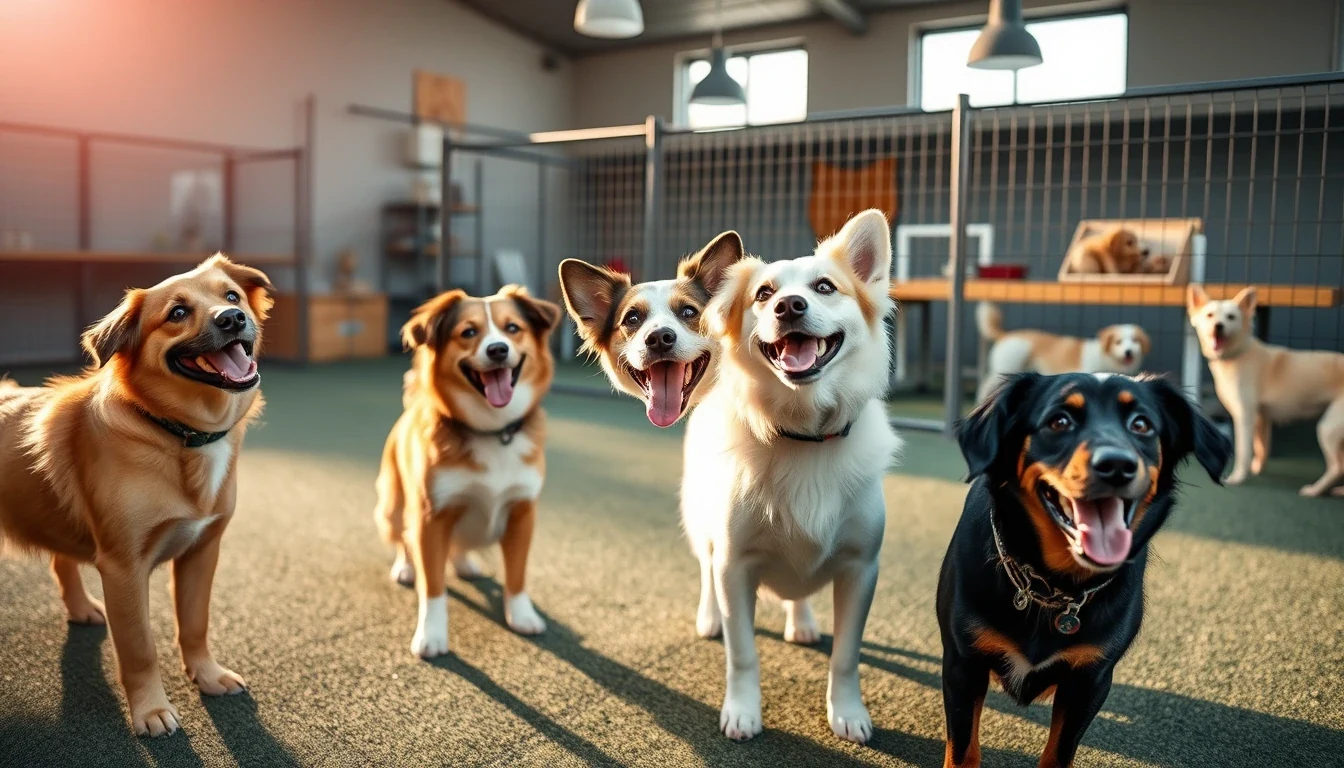 Editorial photo of happy dogs in supervised group play at modern doggy daycare facility, warm afternoon light
