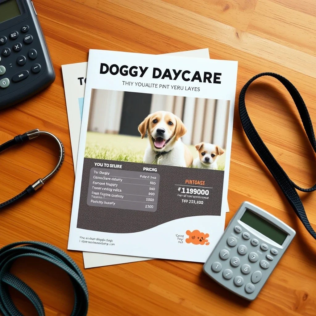 Flat lay of doggy daycare pricing brochure with calculator and dog leash on warm wooden desk