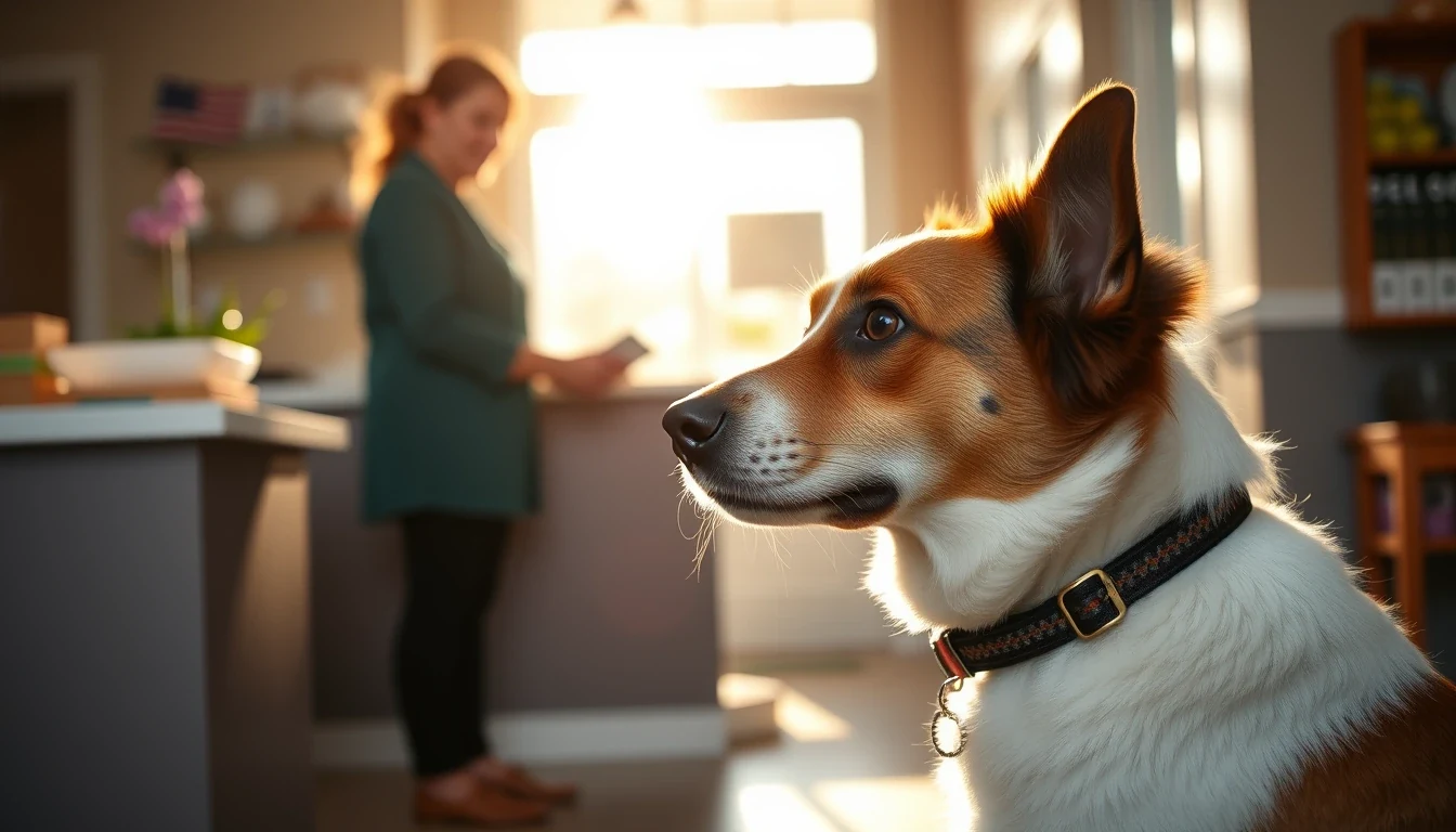 Calm dog being greeted by friendly daycare staff at facility front desk, warm morning light