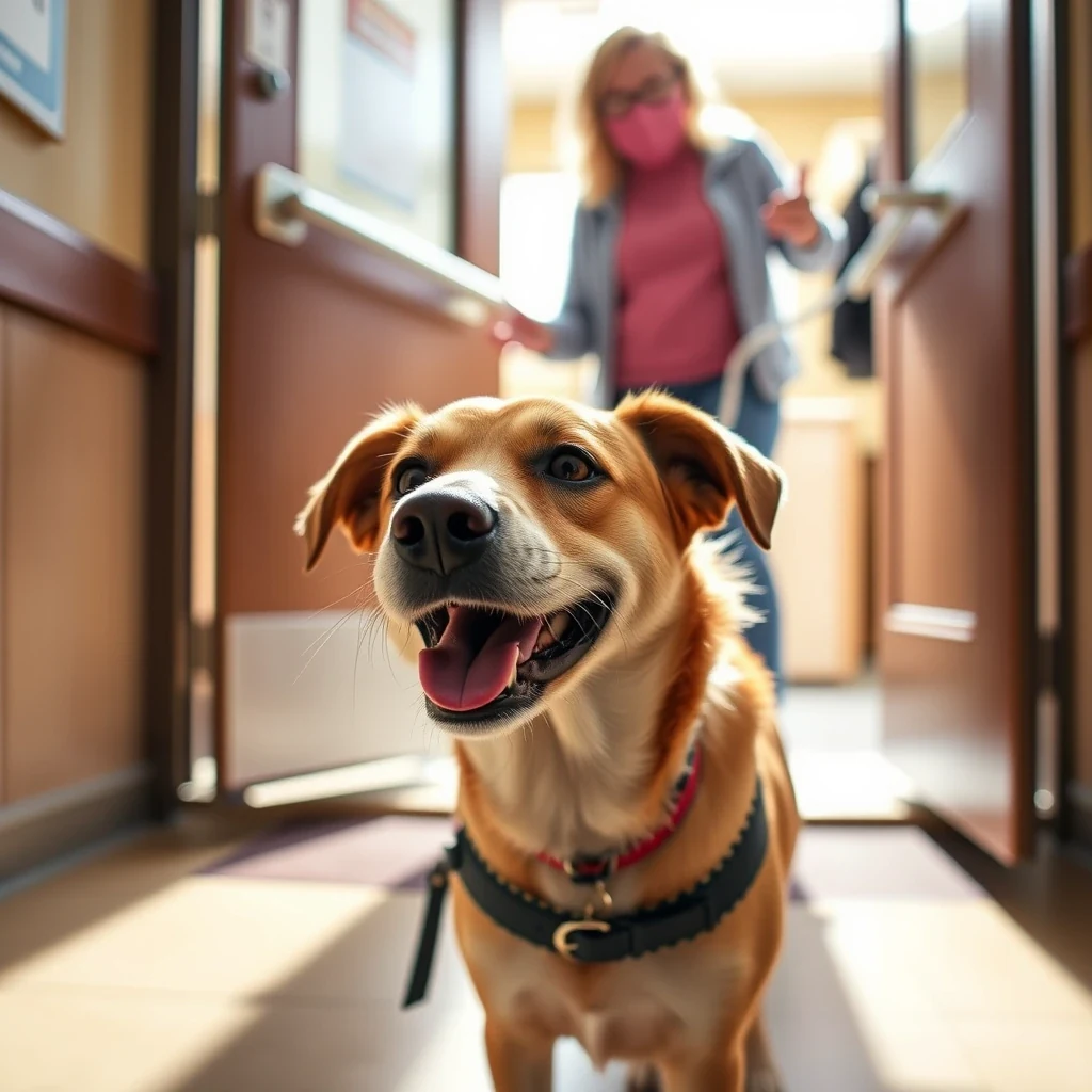 Happy tired dog at end of daycare day being picked up by owner at facility door