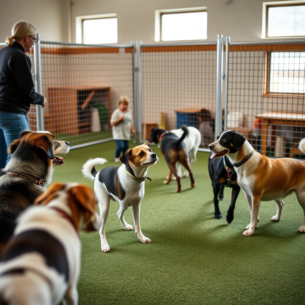 Supervised group of well-matched dogs playing in fenced indoor daycare area