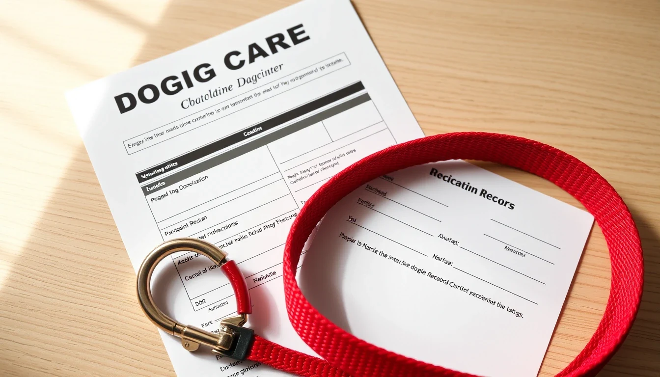 Editorial flat lay of doggy daycare intake paperwork with vaccination records and dog leash
