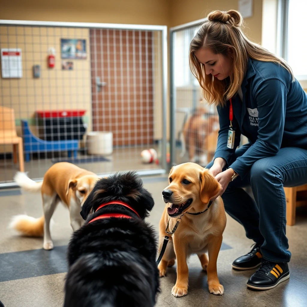 Daycare staff evaluating dog's temperament with two test dogs in controlled play area